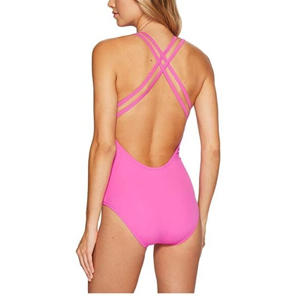 Solid Crisscross One-Piece Bodysuit Pink Swimwear Empire Waist Pink 14 Athena - Picture 2 of 4